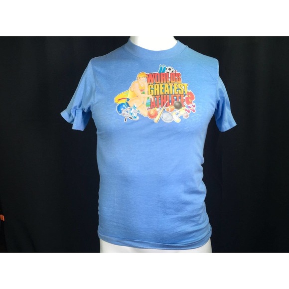 Worlds Greatest Athlete VTG T Shirt Iron On Graphic Small Light Blue 1980s - Picture 2 of 4